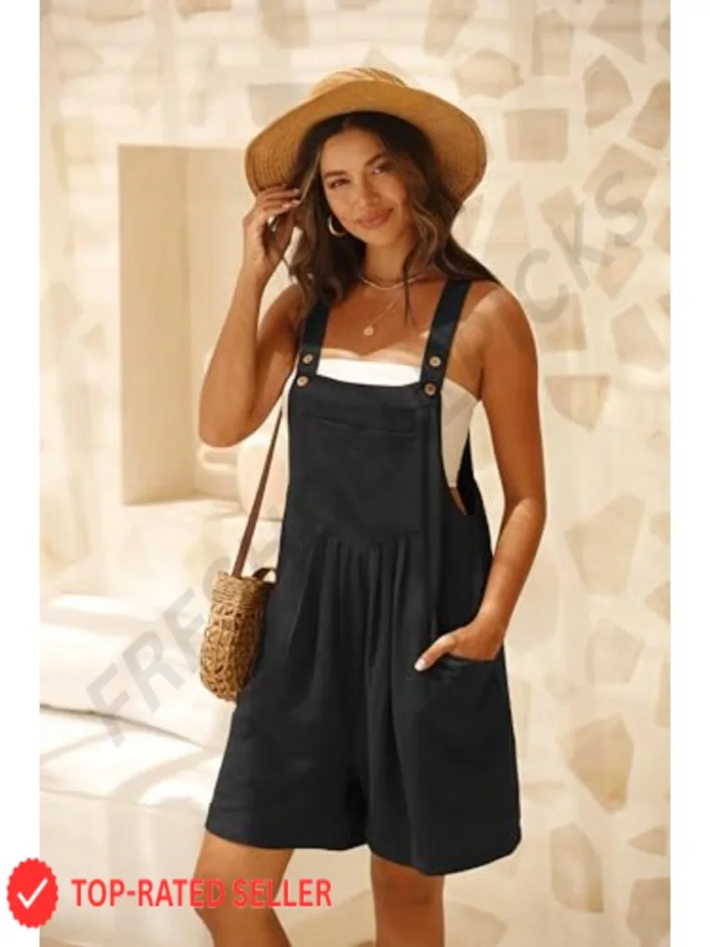 Sleeveless Square Neck Overalls with Pockets, Adjustable Straps, Loose Fit